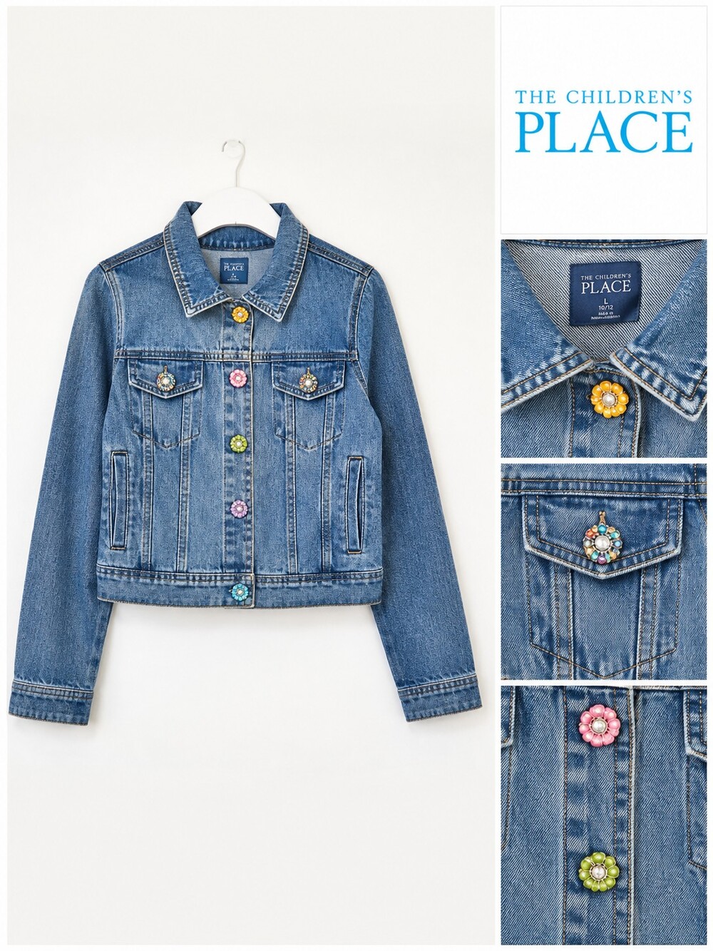 The Children’s Place Girls Embellished Denim Jean Jacket – Size L (10/12) – Flor